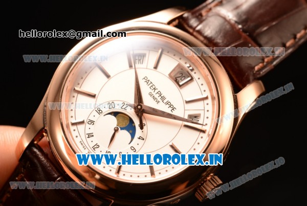 Patek Philippe Grand Complications Japanese Miyota 9015 Automatic Rose Gold Case White Dial With Stick Markers Brown Leather Strap - Click Image to Close